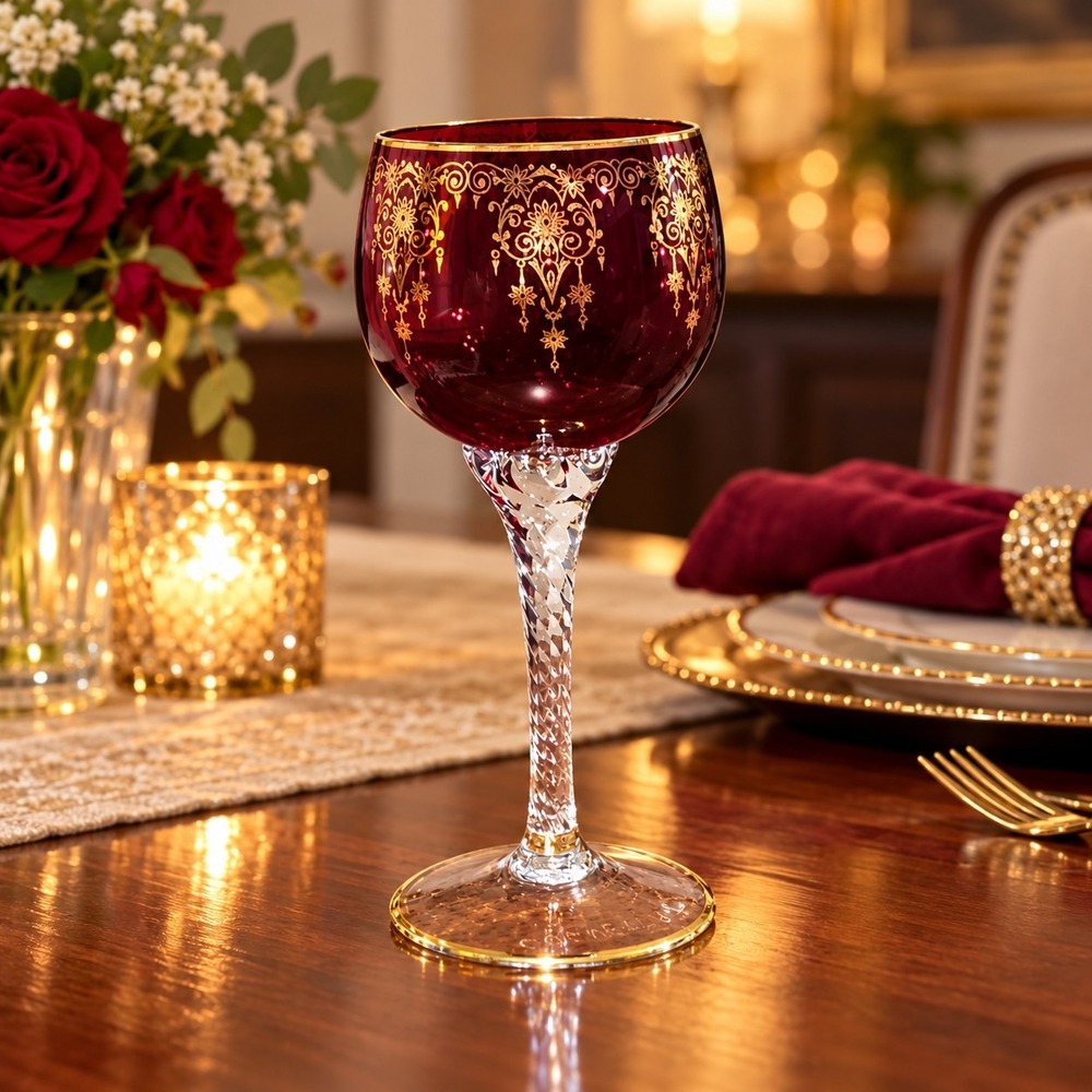 Vecchia Murano Ruby Red Glass Goblet VR Mark Gold Gilt Filigree "Cugnetta" MCM
